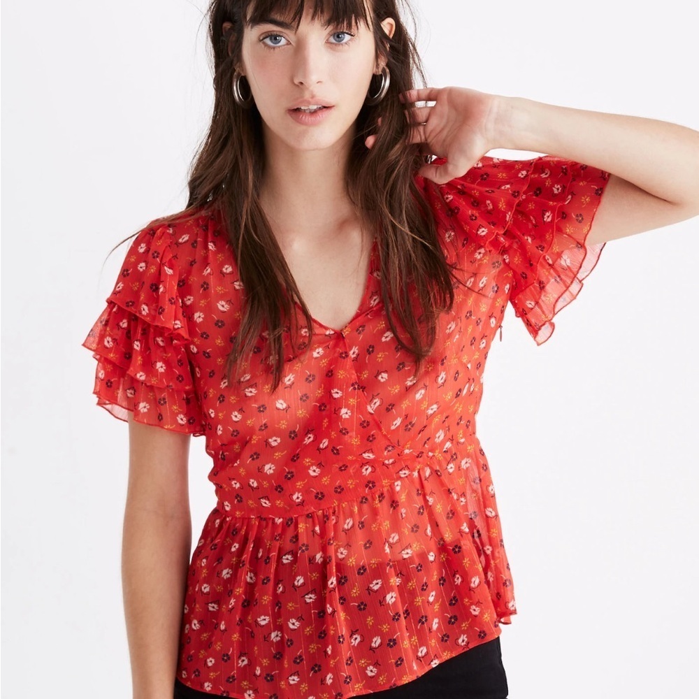 Madewell Red Flutter Sleeve Peplum Blouse